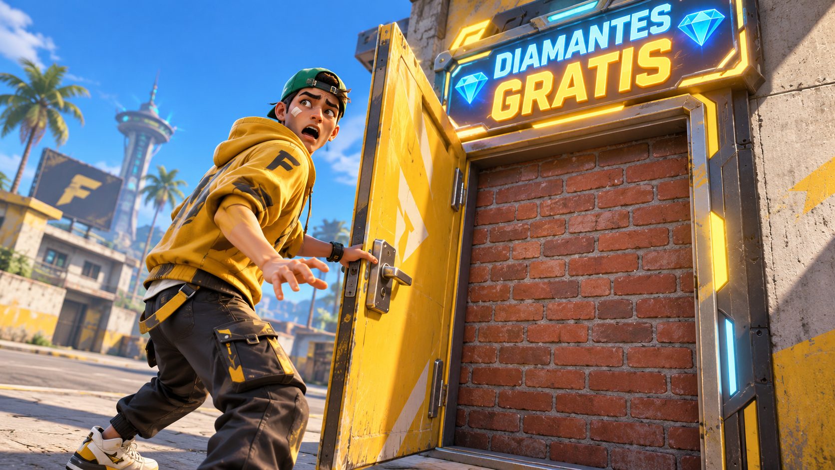 Superviviente de Free Fire abre una puerta de diamantes gratis que da a una pared