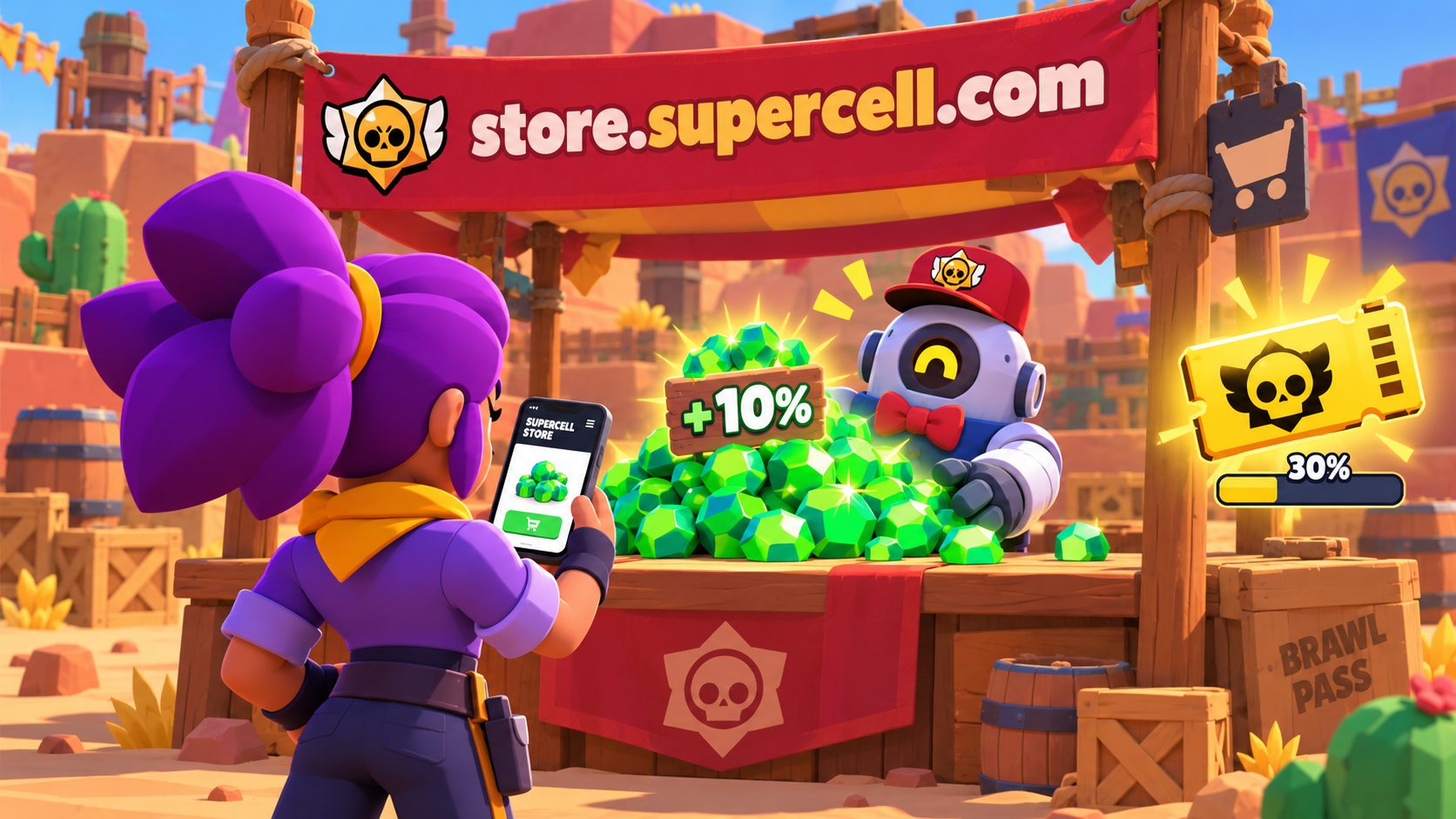 Shelly de Brawl Stars comprando gemas en la Supercell Store con un cartel de 10 por ciento extra