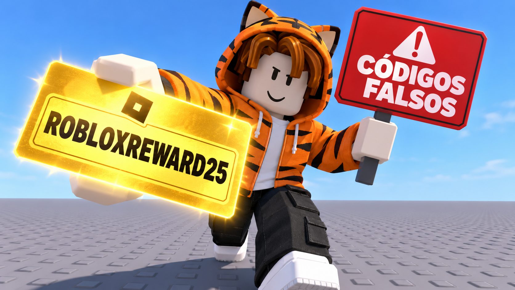 Avatar de Roblox con un cartel de códigos falsos y una tarjeta dorada con el código ROBLOXREWARD25