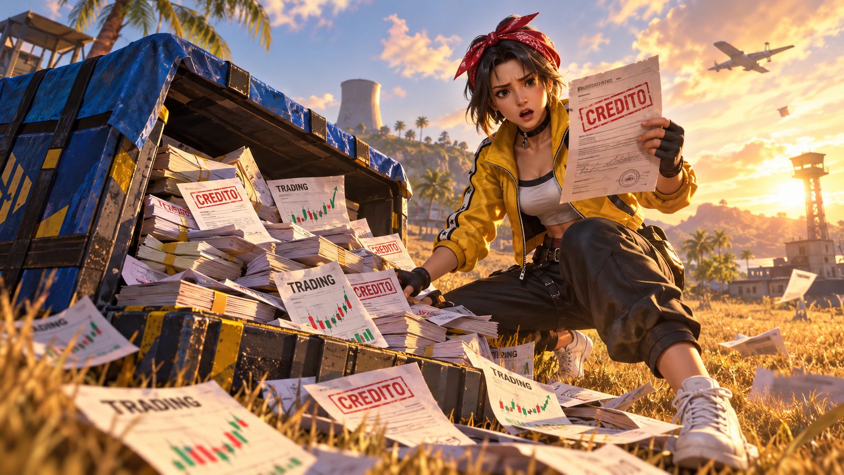 Superviviente de Free Fire junto a una caja de suministros llena de papeles de créditos y trading