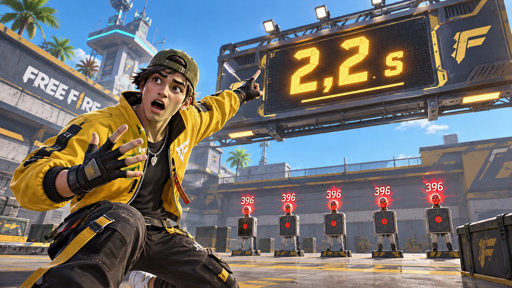 Superviviente de Free Fire ante un temporizador de 2,2 segundos y muñecos con impactos rojos en la sala de entrenamiento