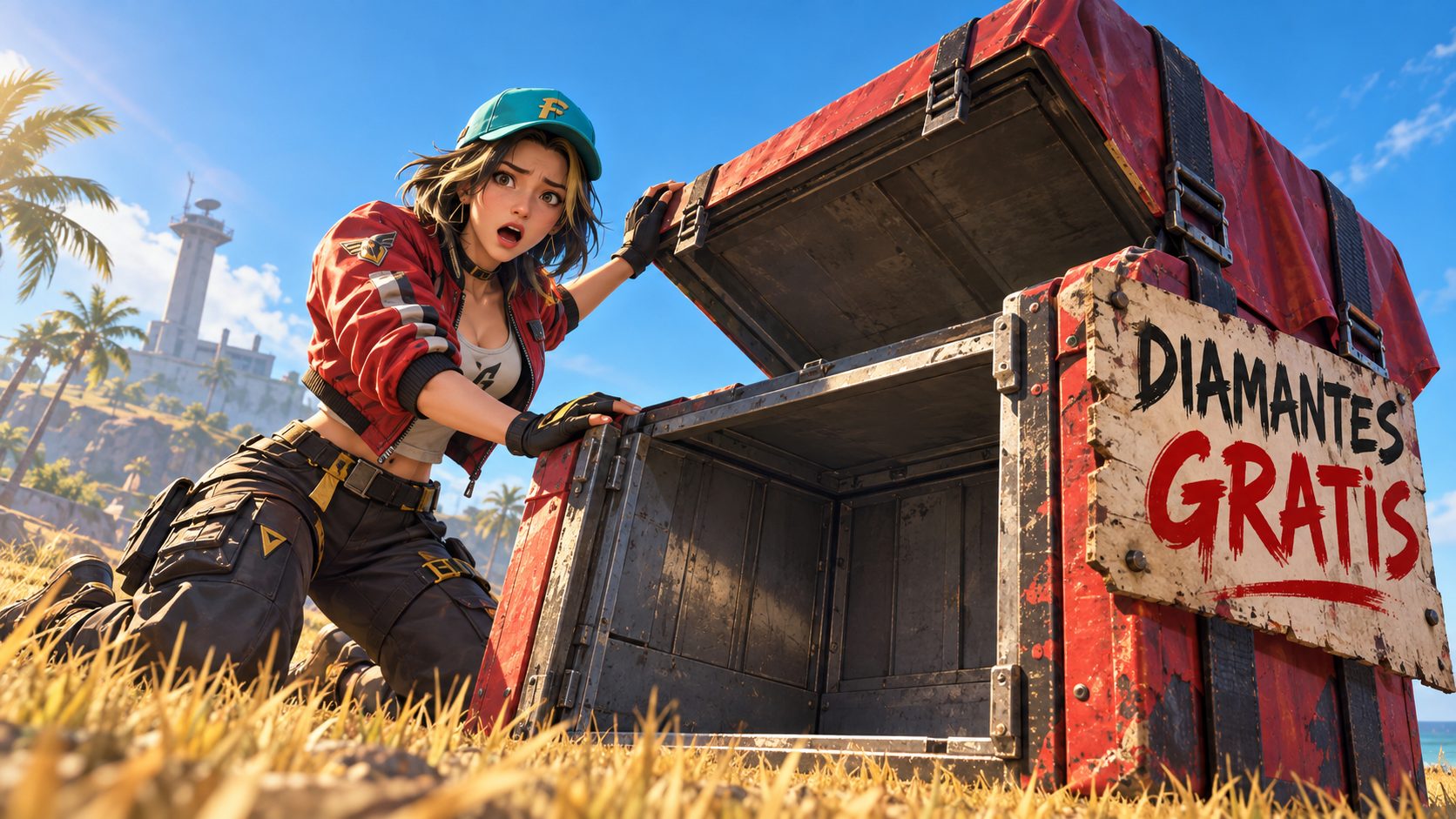 Superviviente de Free Fire abre una caja de suministros con un cartel de diamantes gratis y la encuentra vacía