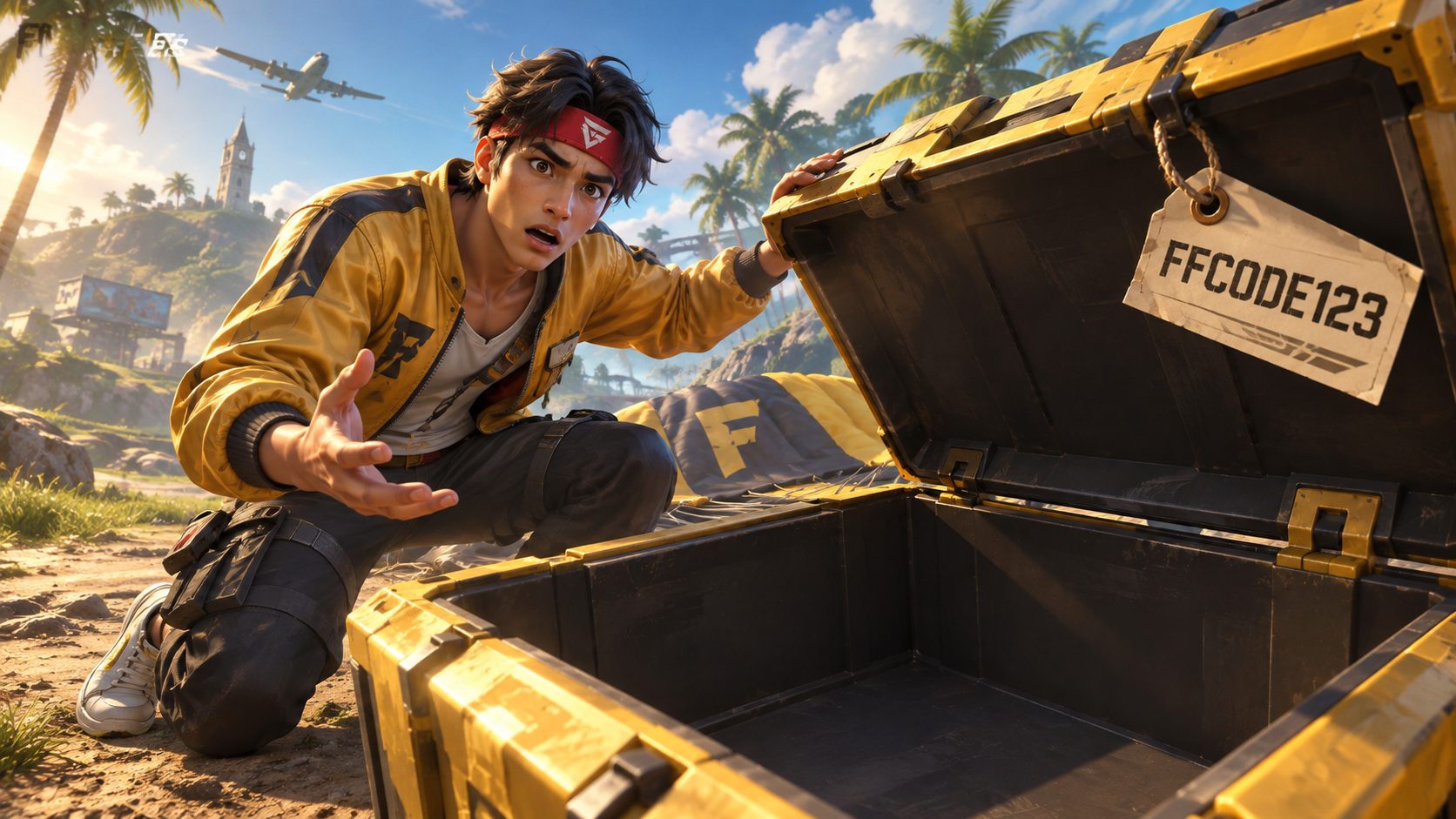 Superviviente de Free Fire ante una caja de suministros vacía con la etiqueta FFCODE123