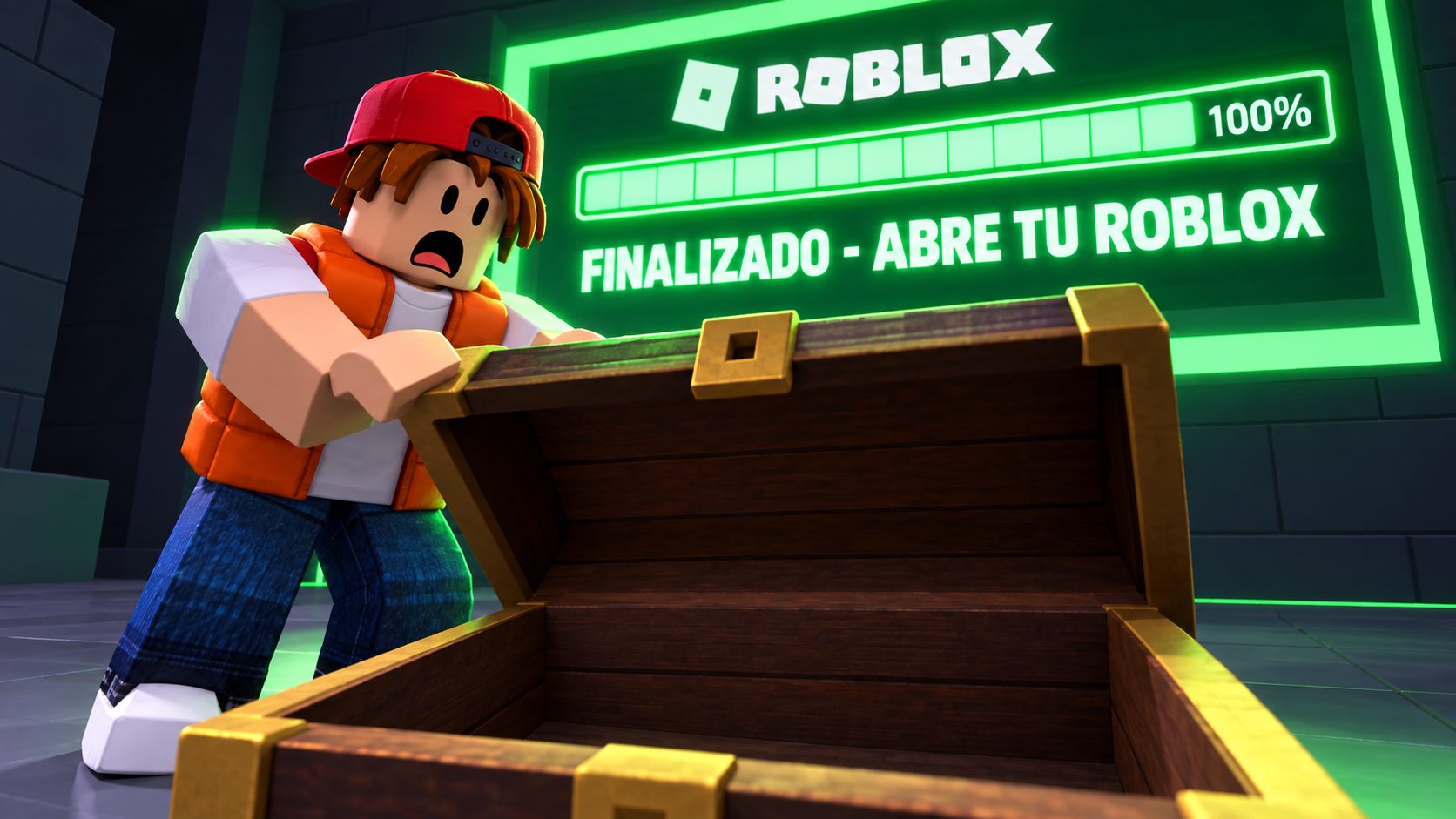 Avatar de Roblox con chaleco naranja abre un cofre vacío ante una pantalla verde que dice FINALIZADO - ABRE TU ROBLOX