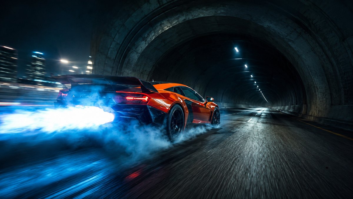 Coche de Asphalt derrapando a la salida de un túnel con una llamarada azul de nitro saliendo del escape