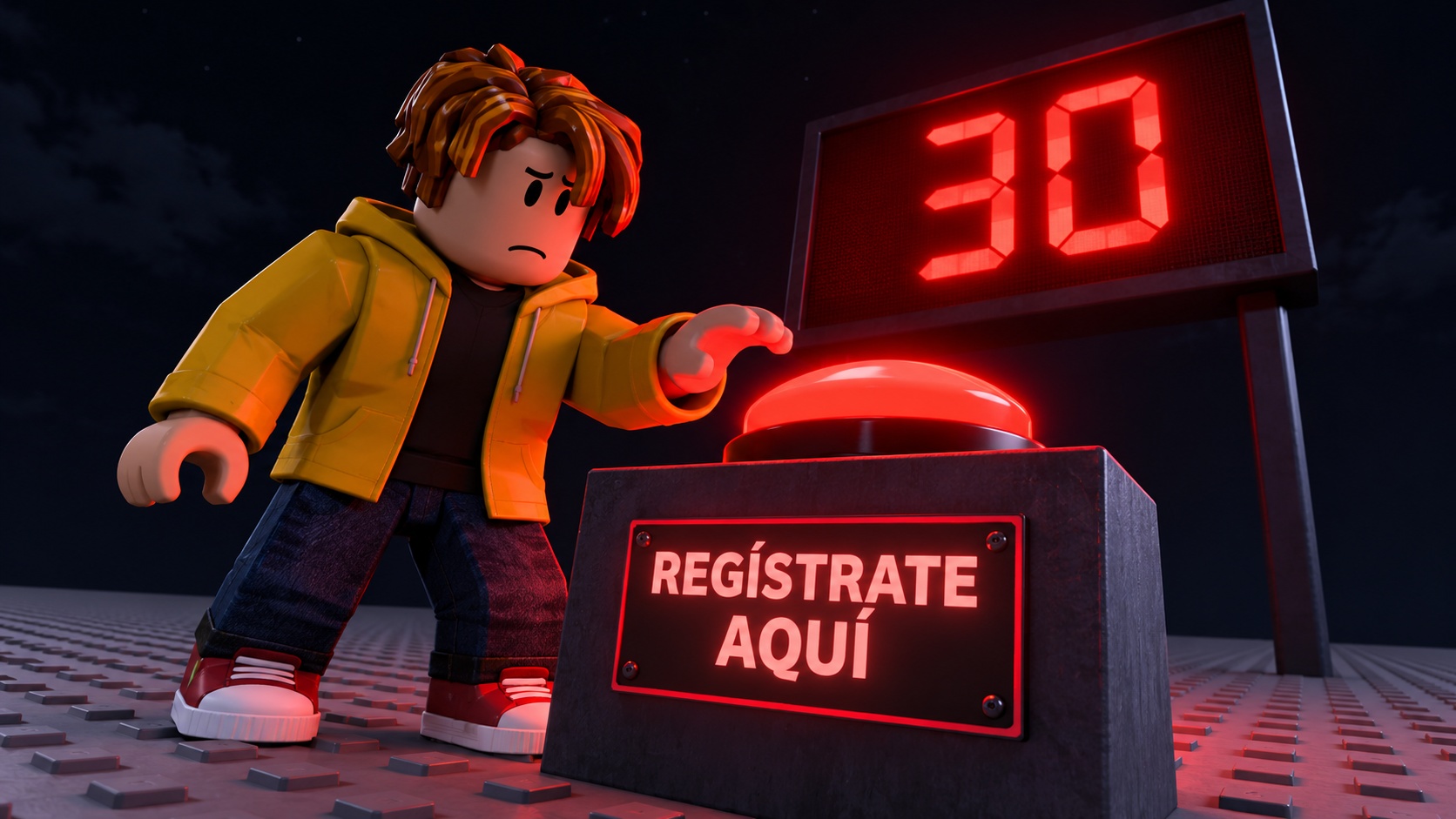 Avatar de Roblox ante el botón «REGÍSTRATE AQUÍ» de TrucoZori con una cuenta atrás de 30 segundos