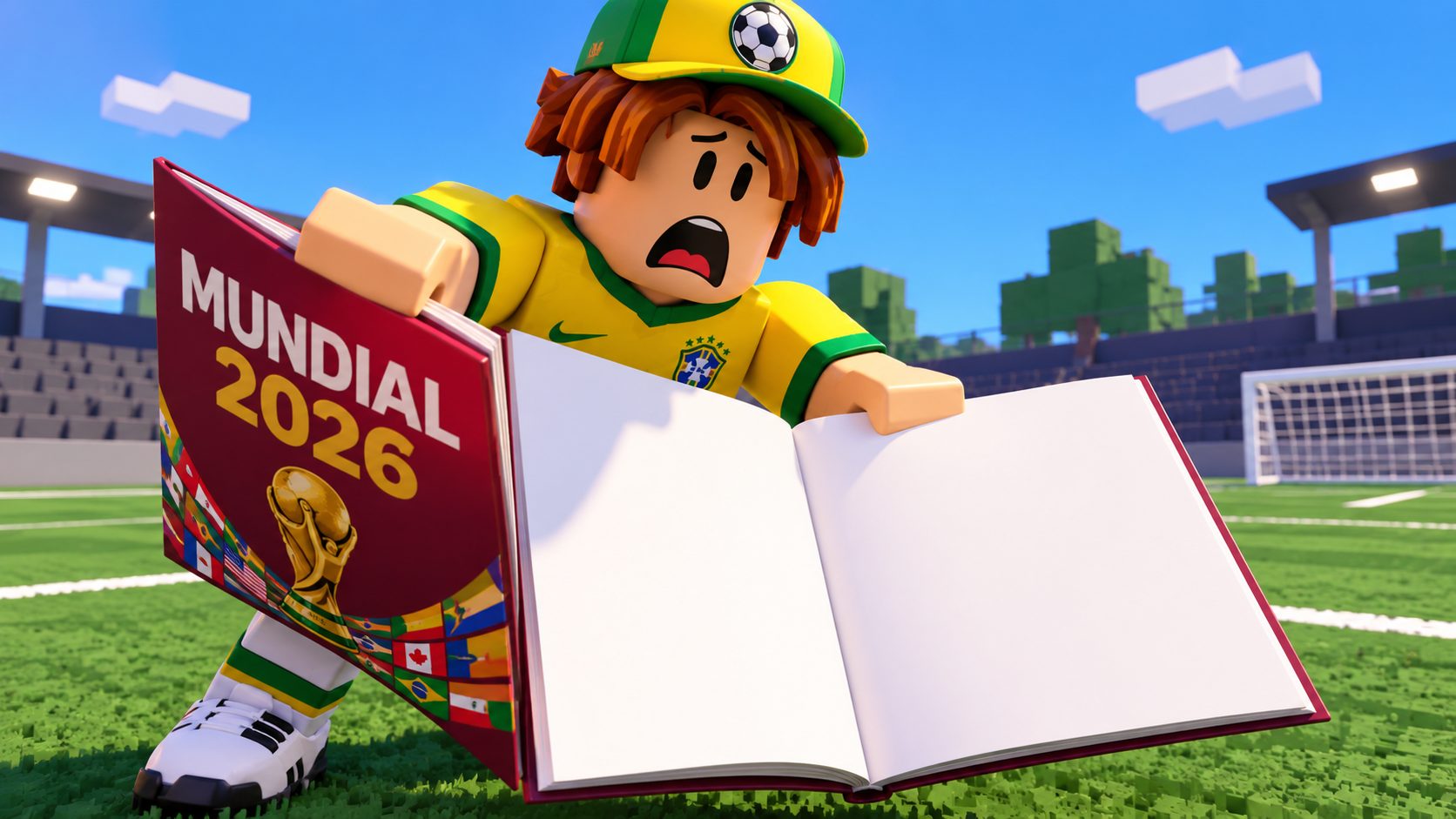 Avatar de Roblox abre un álbum del Mundial 2026 con las páginas vacías