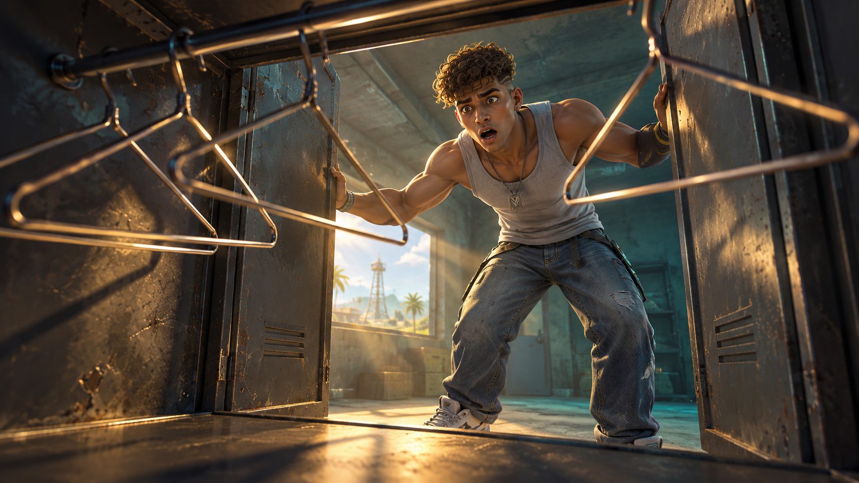 Superviviente de Free Fire con camiseta gris sorprendido ante un armario metálico vacío con perchas sin ropa