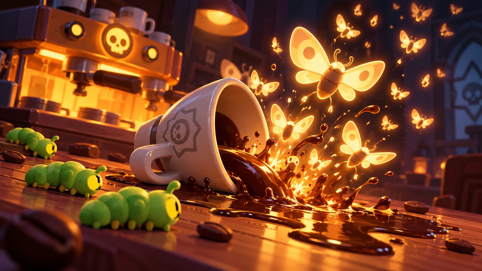 Taza de espresso volcada con polillas y orugas, el kit de Vince en Brawl Stars