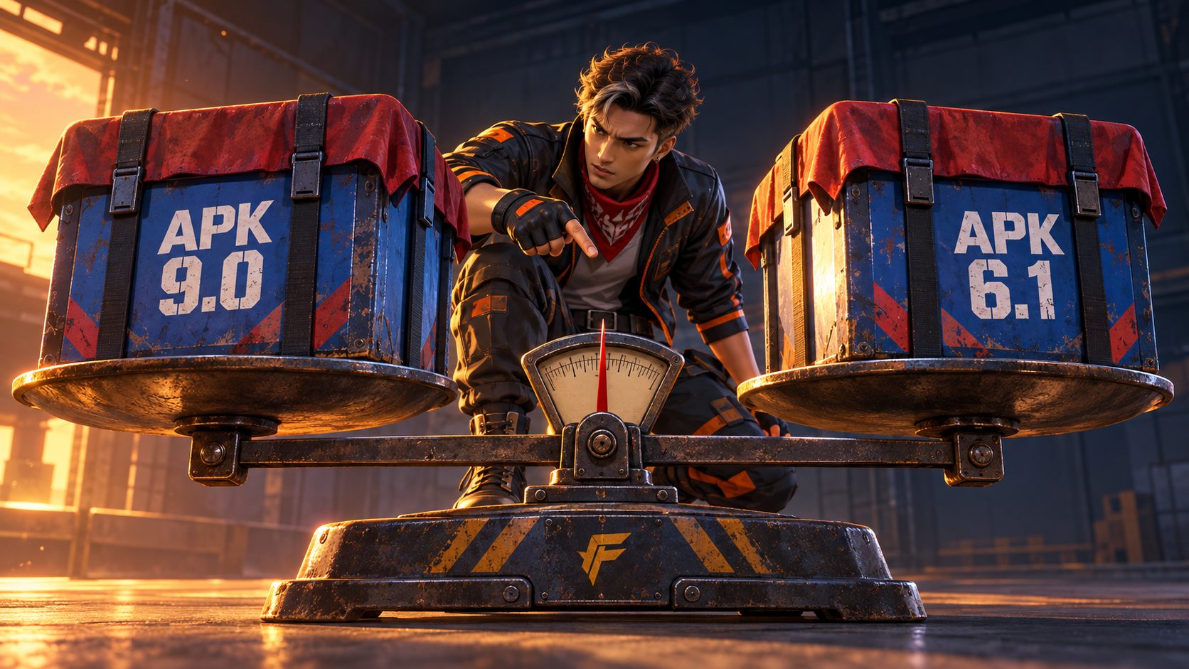 Superviviente de Free Fire junto a una balanza con dos cajas marcadas APK 9.0 y APK 6.1 que pesan lo mismo
