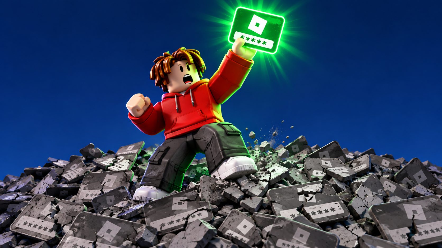 Avatar de Roblox con sudadera roja sobre un montón de códigos grises levantando una tarjeta verde brillante