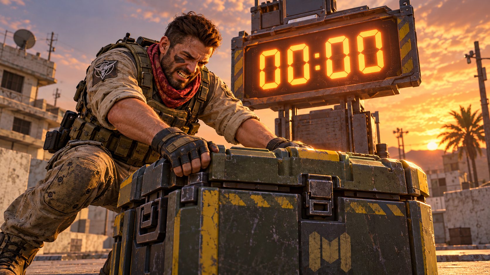 Operador de COD Mobile ante una caja cerrada y una cuenta atrás de Yirafire a cero