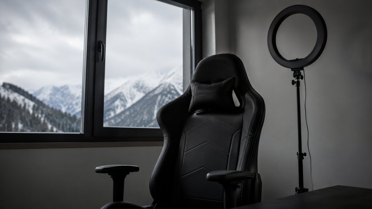 Silla de streaming vacía frente a un aro de luz apagado en un piso de montaña con la ventana gris al fondo
