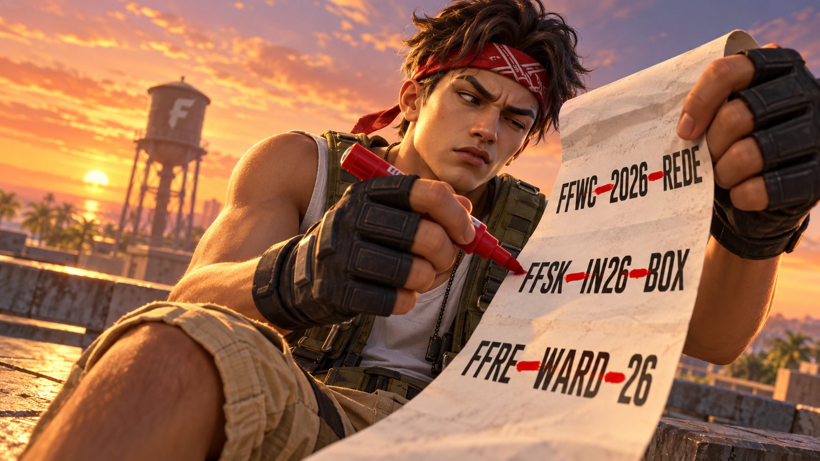 Superviviente de Free Fire revisando una lista de códigos con guiones de zambitropa