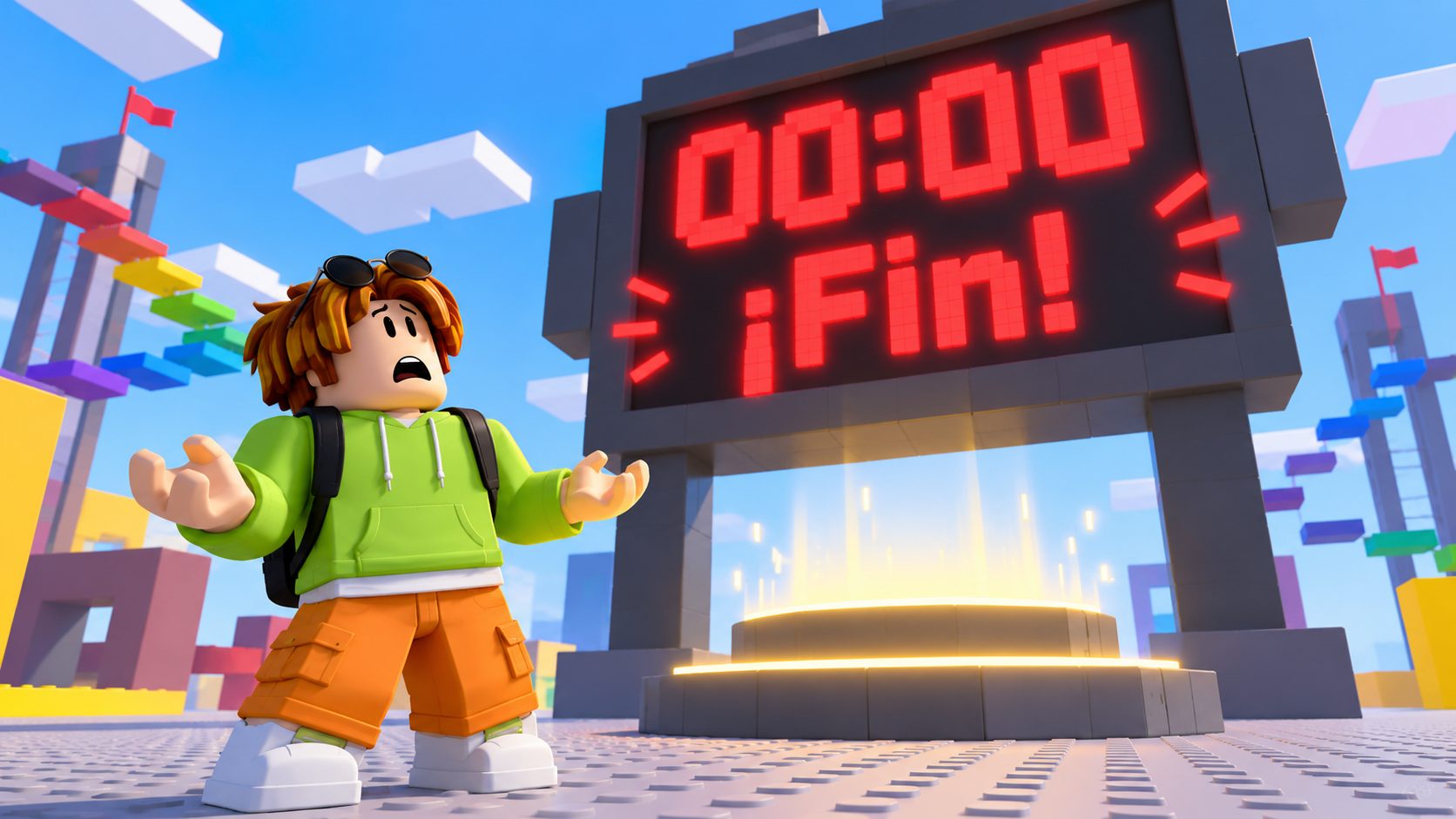 Avatar de Roblox ante una cuenta atrás en 00:00 que pone ¡Fin! y un pedestal de premios vacío