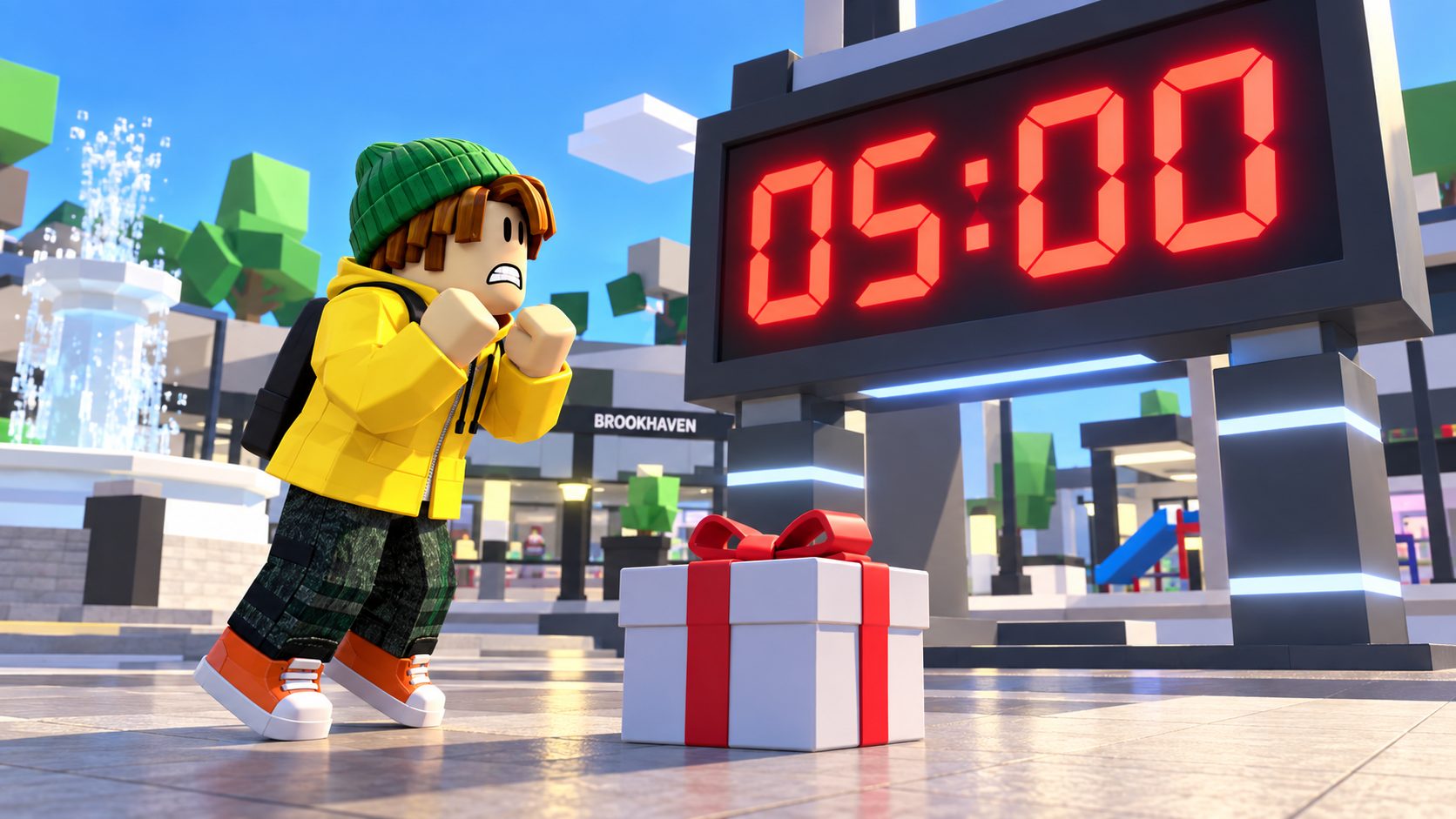 Avatar de Roblox impaciente ante un reloj de cuenta atrás gigante y una caja de regalo cerrada