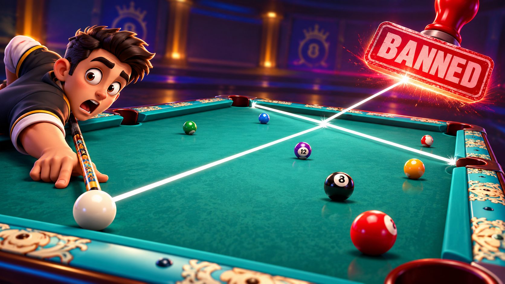 Jugador de 8 Ball Pool apuntando con una línea de tiro larguísima que termina en un sello de baneo
