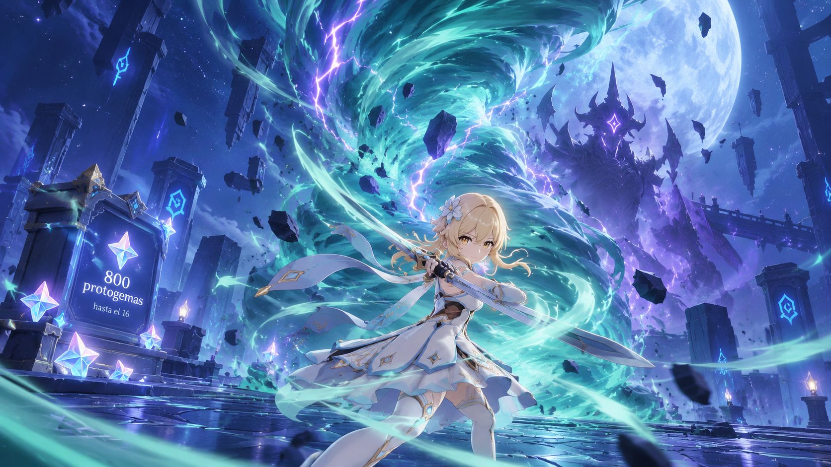 Viajera en la Espiral del Abismo de Genshin Impact con un torbellino de viento y rayos