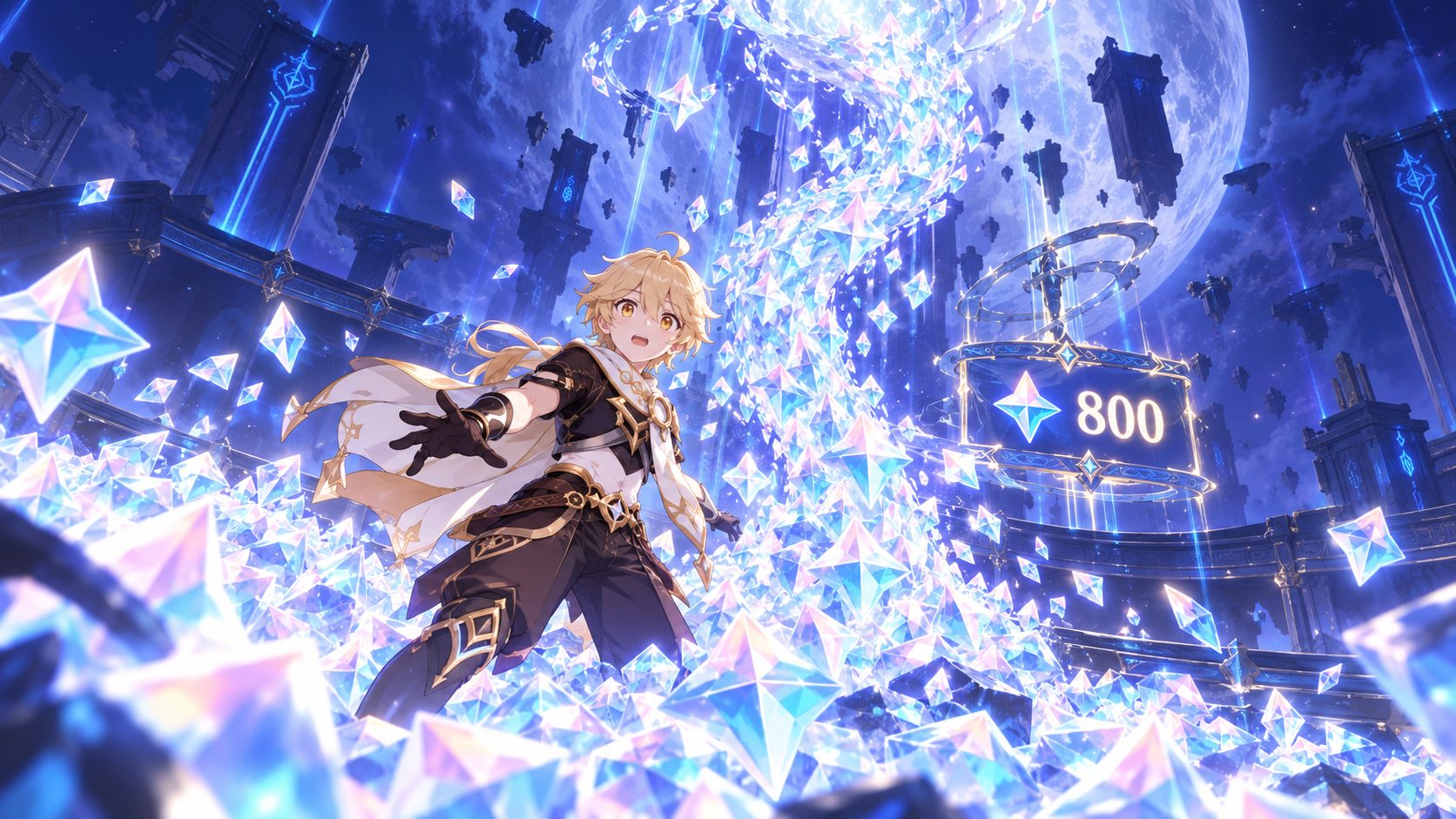 Viajero de Genshin Impact en la Espiral del Abismo rodeado de una lluvia de Protogemas