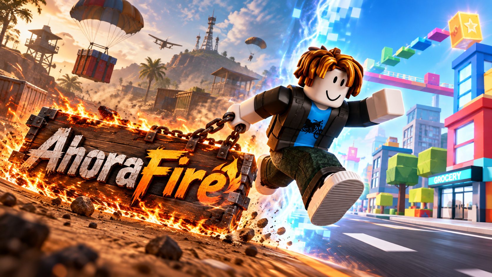 Avatar de Roblox saltando de una isla de Free Fire a una ciudad de Roblox con un cartel en llamas de AhoraFire