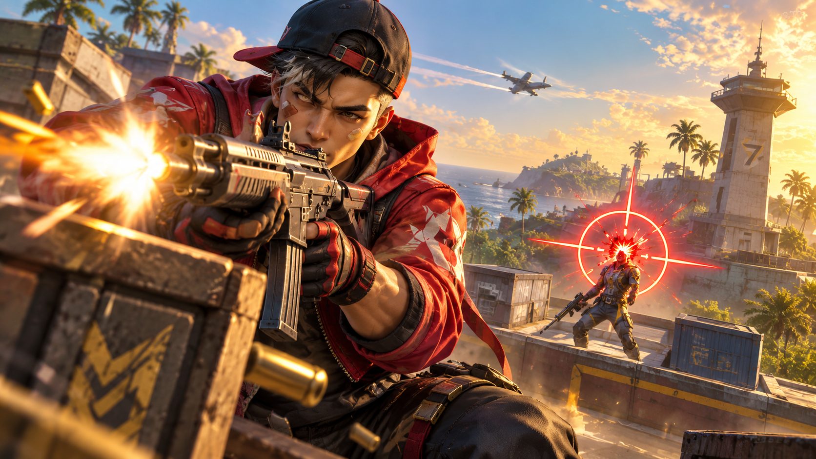 Superviviente de Free Fire disparando con una mira roja enorme fijada en la cabeza de un rival