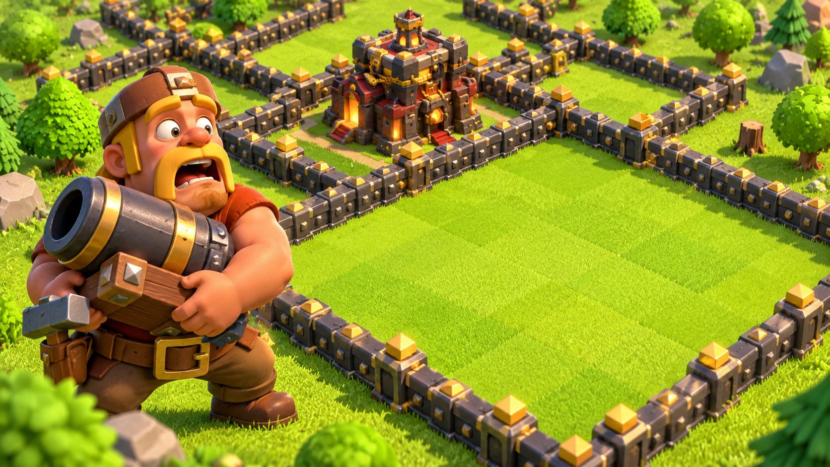 Aldea de Clash of Clans copiada con un compartimento de muros vacío y el constructor con un cañón en brazos