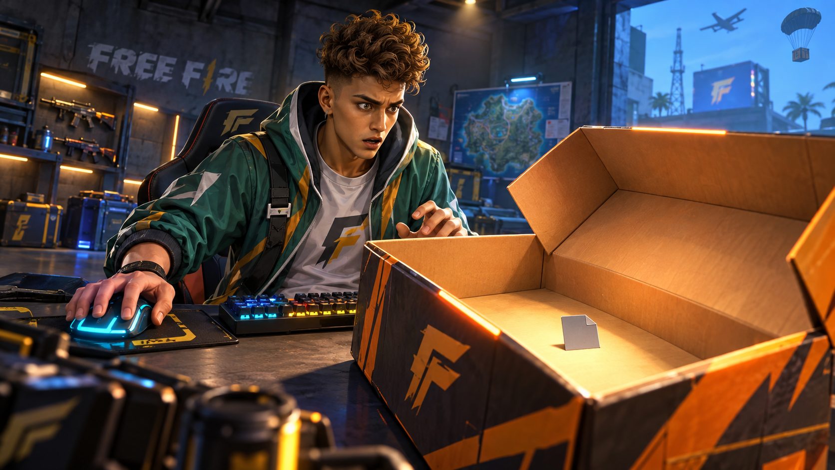 Superviviente de Free Fire con teclado y ratón mirando una caja enorme que solo trae un archivo diminuto