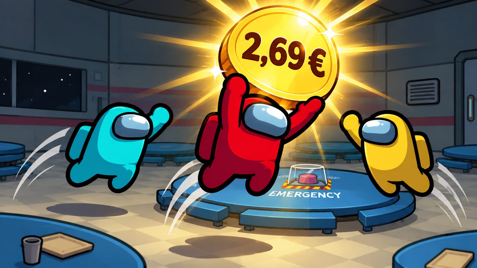 Tripulante rojo de Among Us atrapando una moneda gigante con el precio de 2,69 euros en la cafetería de la nave