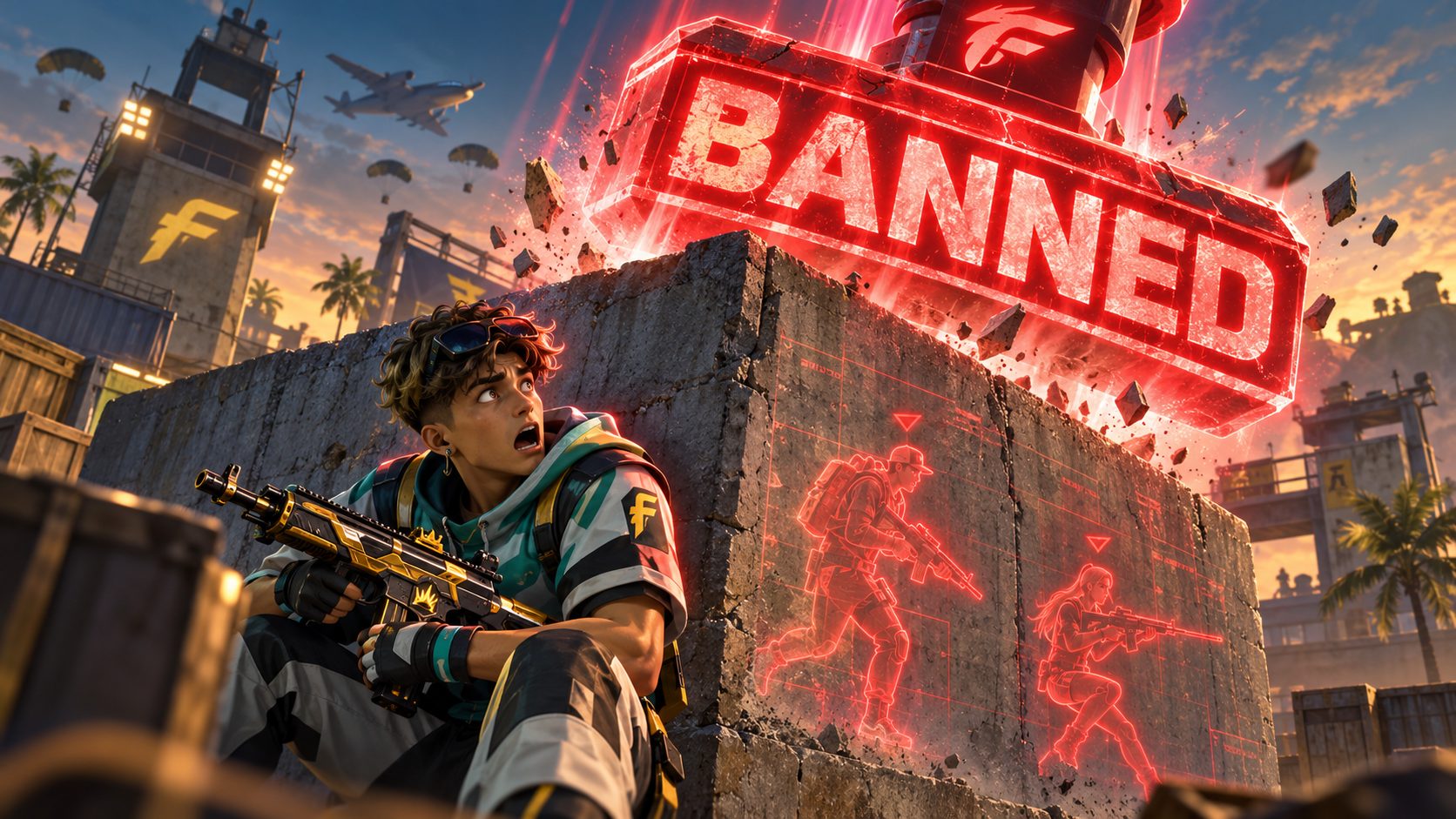 Jugador de Free Fire usando un wallhack mientras le cae un baneo