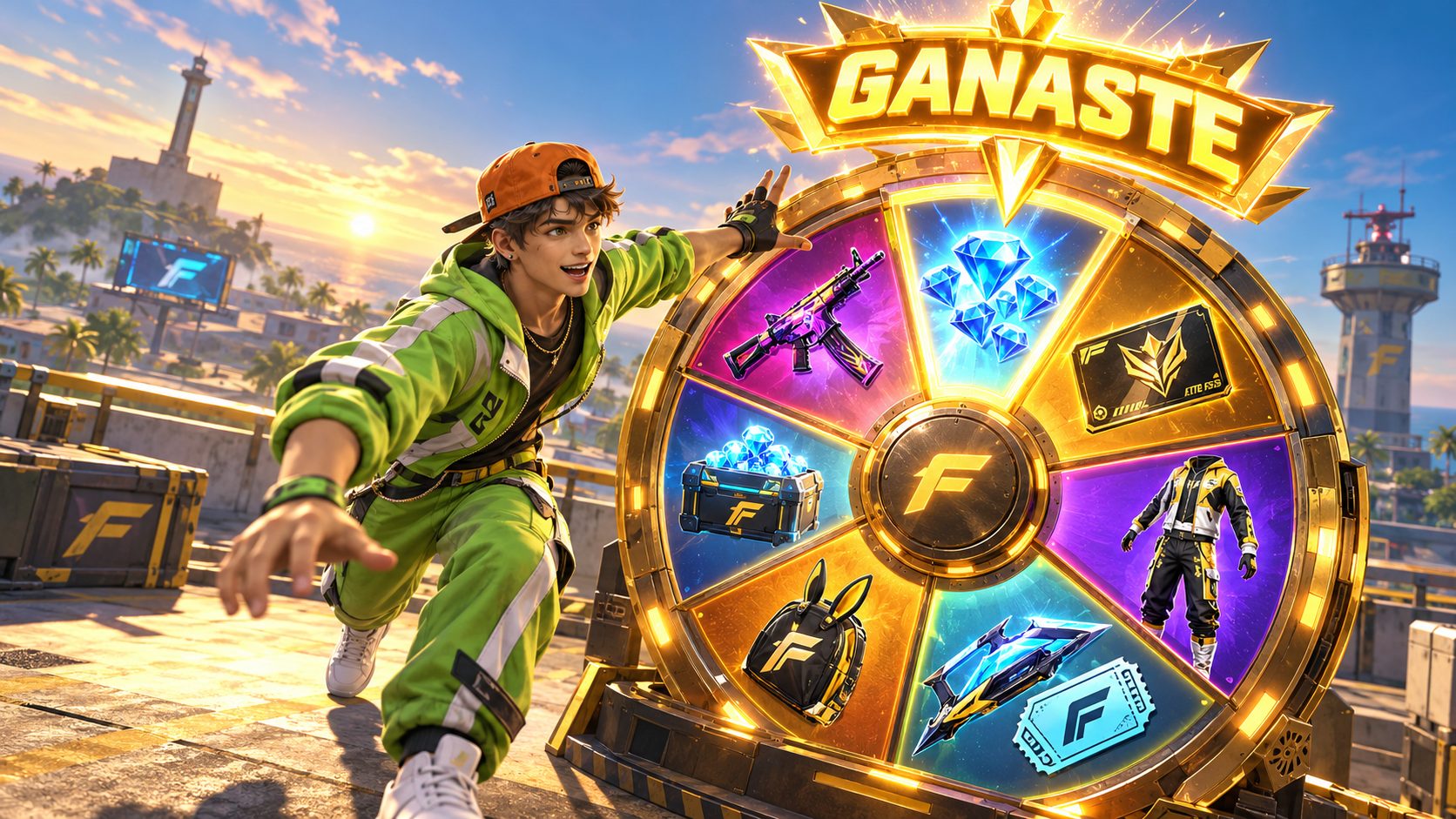 Ruleta de premios de Free Fire en la que todas las casillas ganan, con un superviviente a punto de tocarla