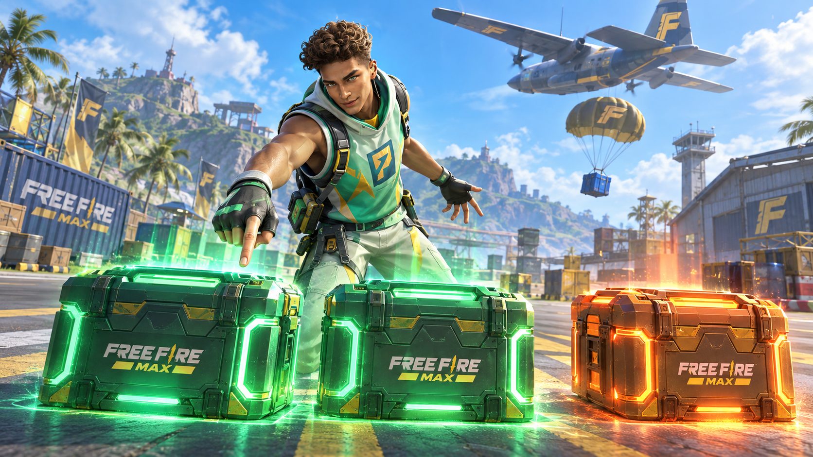 Superviviente de Free Fire MAX eligiendo entre tres cajas de suministros, una de distinto color