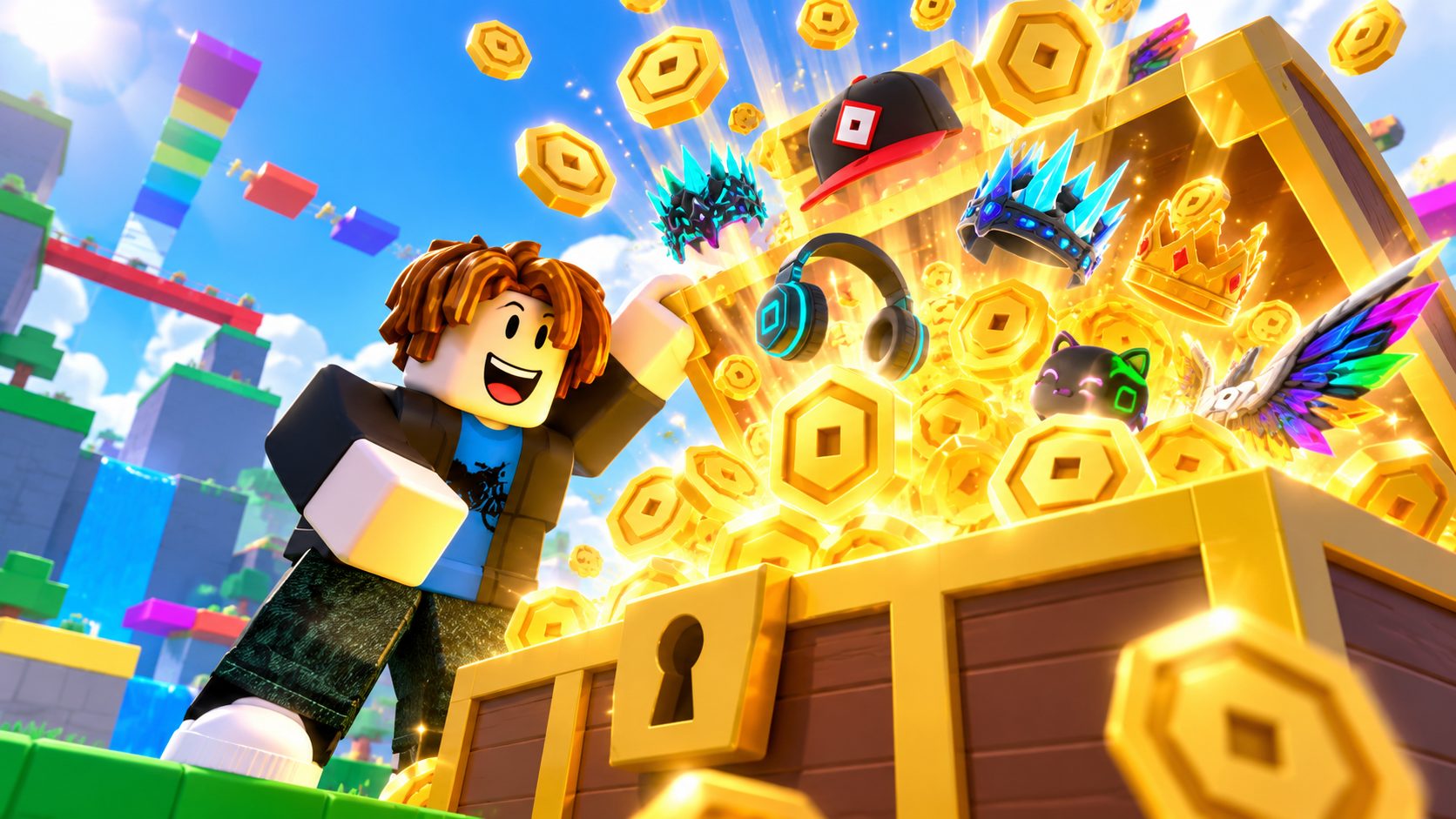 Avatar de Roblox abriendo un cofre gigante del que salen Robux y accesorios