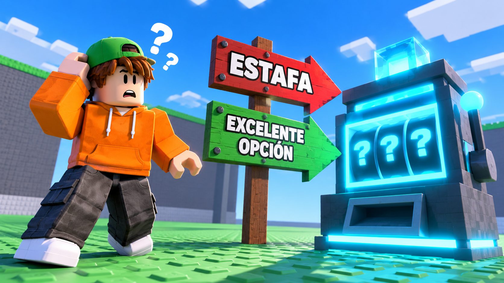 Avatar de Roblox en Steal a Brainrot, dudando ante un cartel con dos flechas, ESTAFA y EXCELENTE OPCIÓN, que señalan al mismo generador