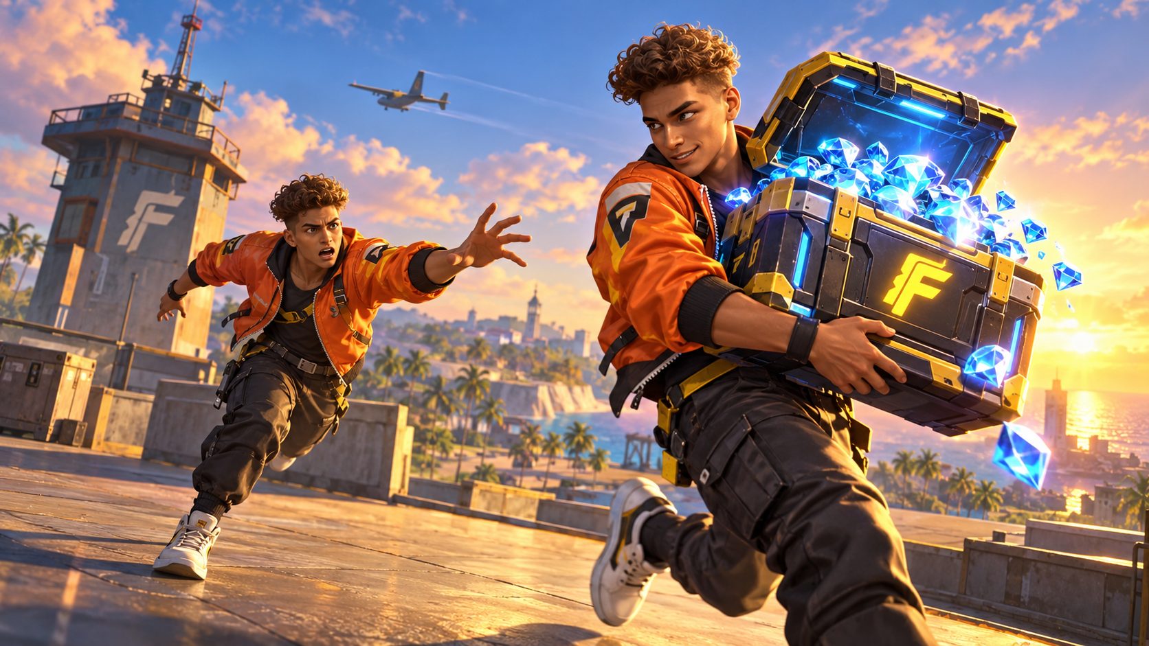 Un jugador de Free Fire idéntico a otro se lleva su caja de botín llena de diamantes en un tejado de Bermuda
