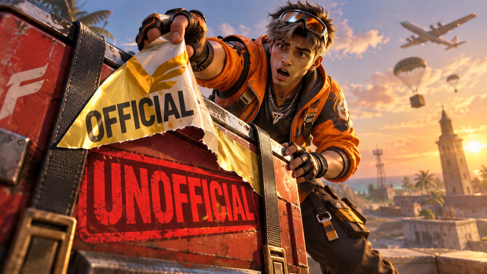 Superviviente de Free Fire arrancando una pegatina OFFICIAL de una caja de suministros que debajo pone UNOFFICIAL
