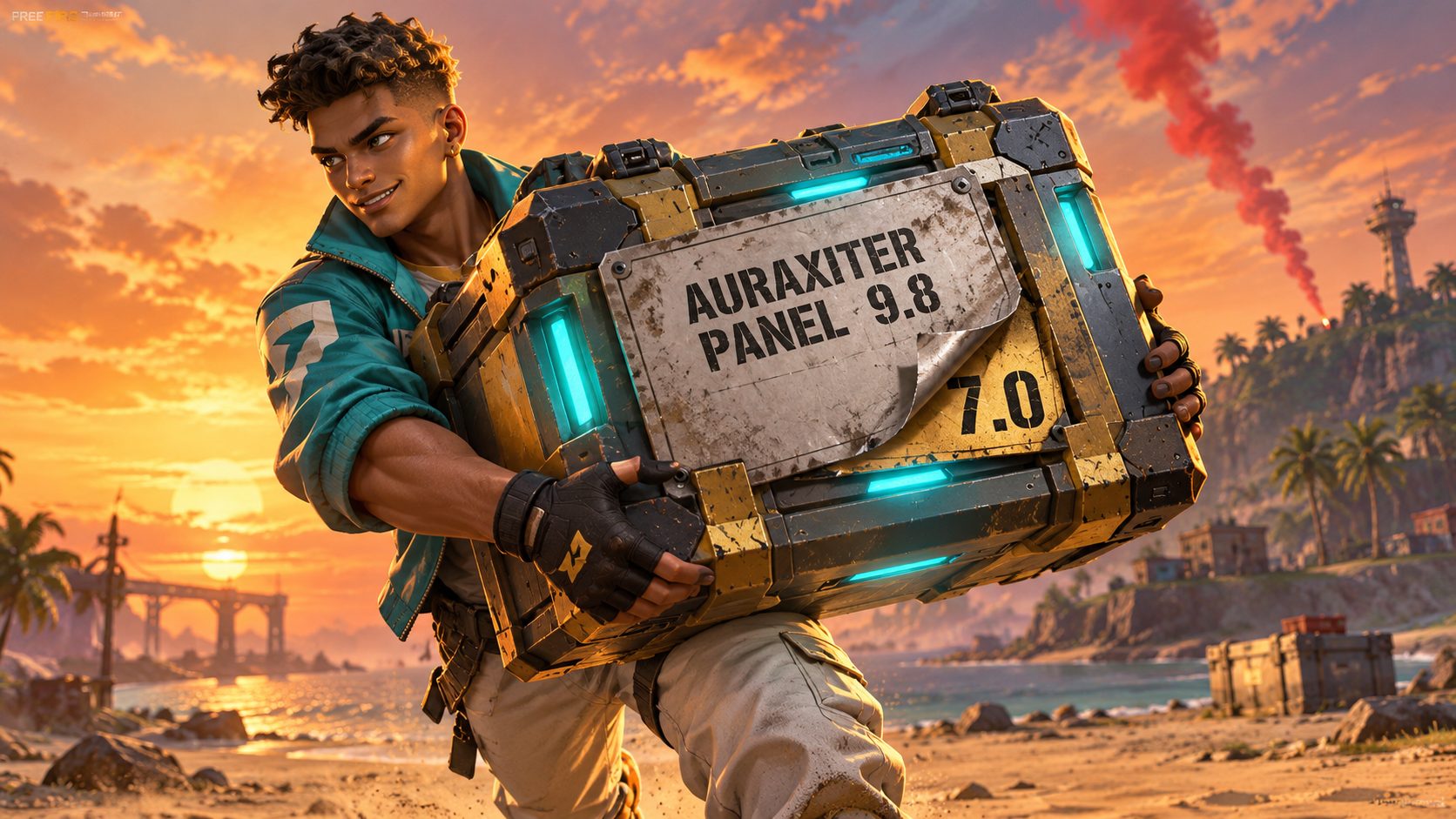 Un jugador de Free Fire carga sonriente una caja metálica rotulada AURAXITER PANEL 9.8 cuya placa se despega y deja ver la etiqueta 7.0