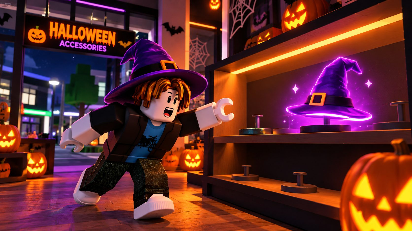 Avatar de Roblox con sombrero de bruja morado junto a una estantería casi vacía de Halloween