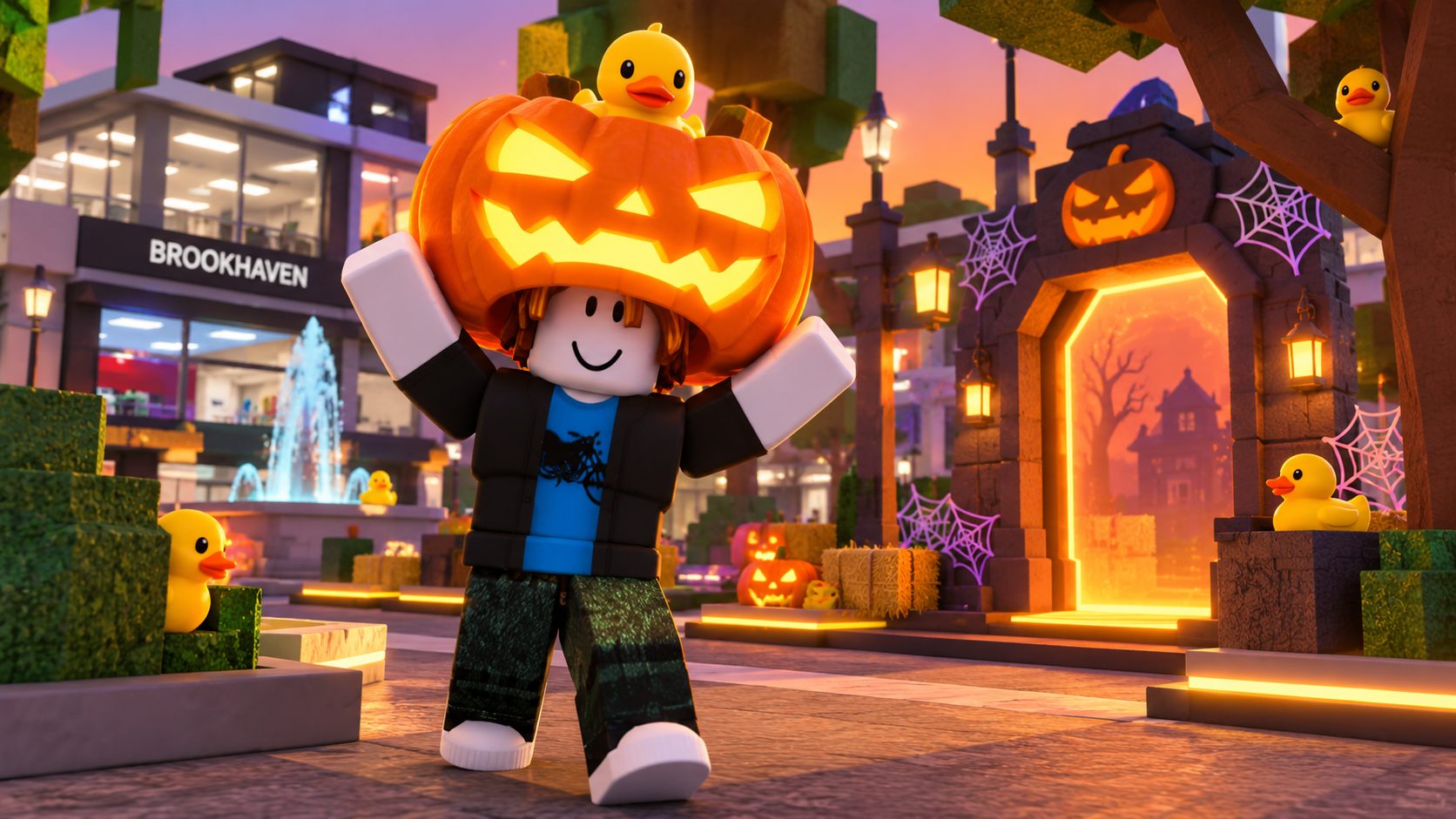 Avatar de Roblox con la calabaza Duck-o-Lantern de Halloween en la cabeza