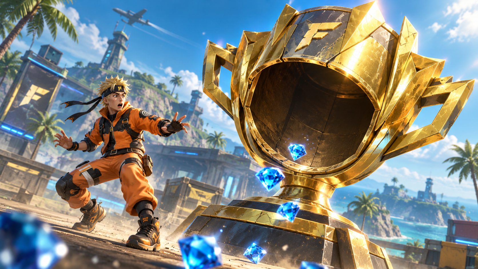 Superviviente de Free Fire con traje naranja mira un trofeo dorado vacío