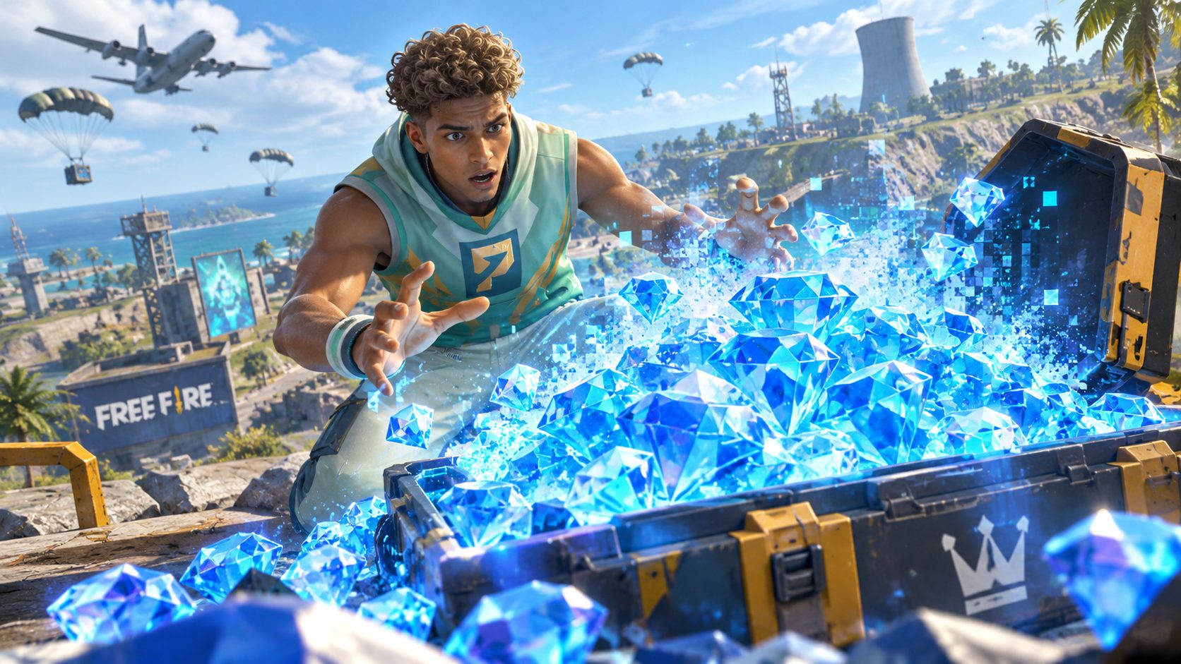 Personaje de Free Fire mira cómo un montón de diamantes se deshace en píxeles