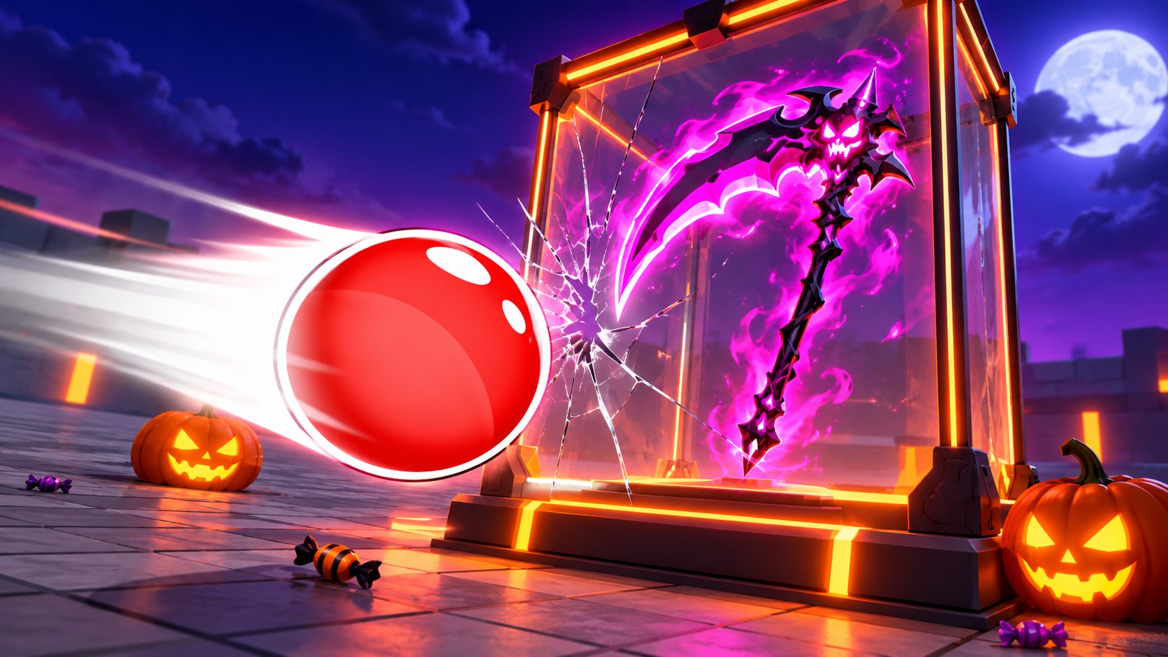 Espada de Halloween encerrada en una vitrina en la arena de Blade Ball