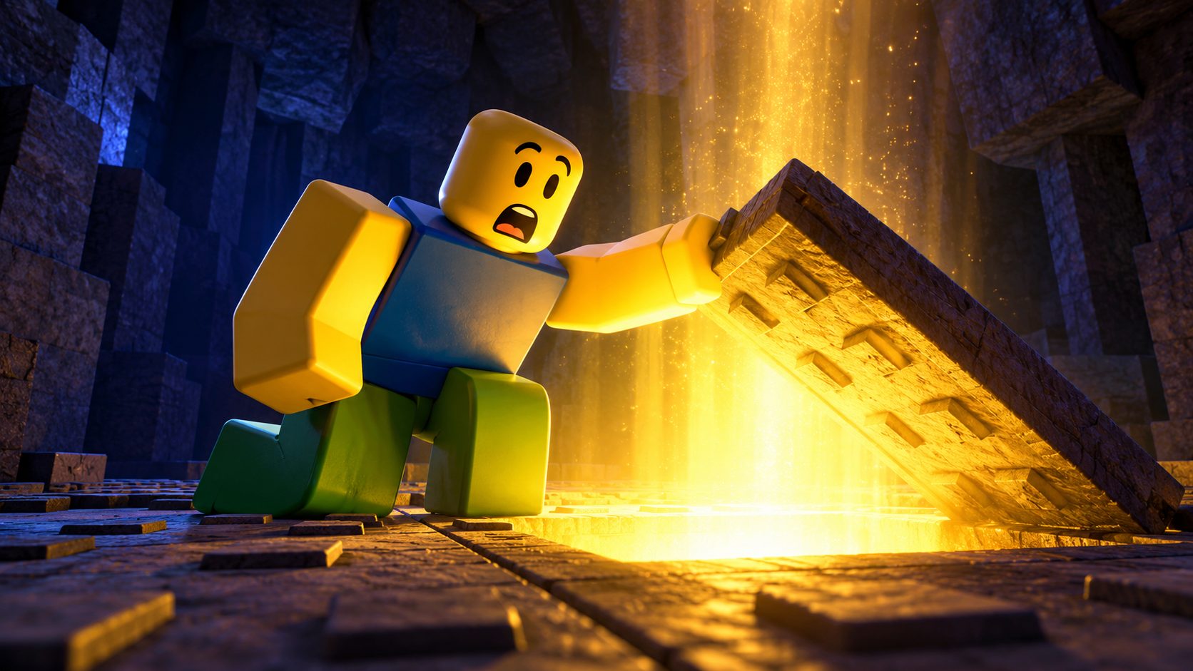 Avatar de Roblox abriendo una trampilla secreta llena de luz dorada