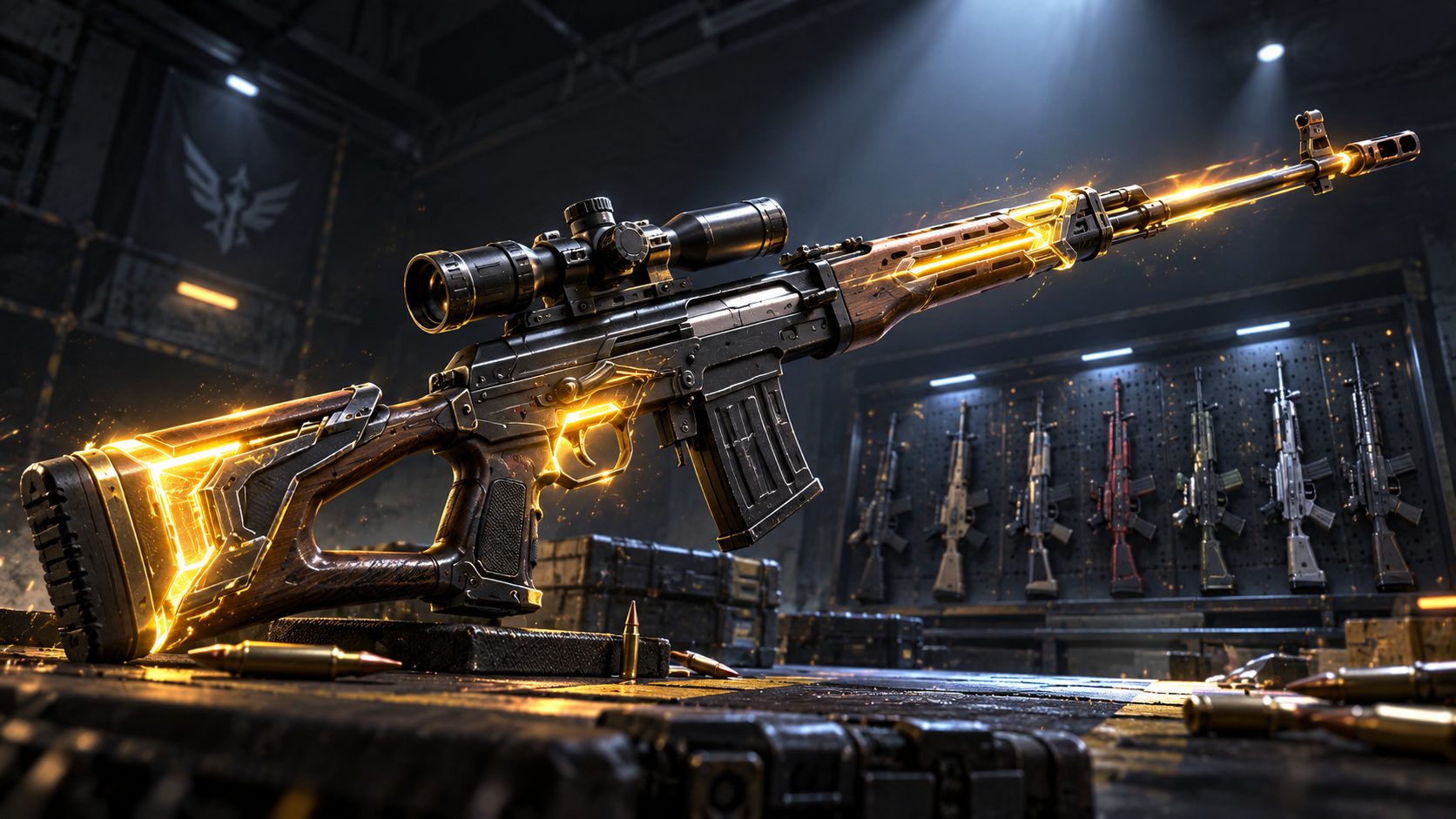 Rifle SVD de Blood Strike destacado frente a otras armas en un campo de tiro