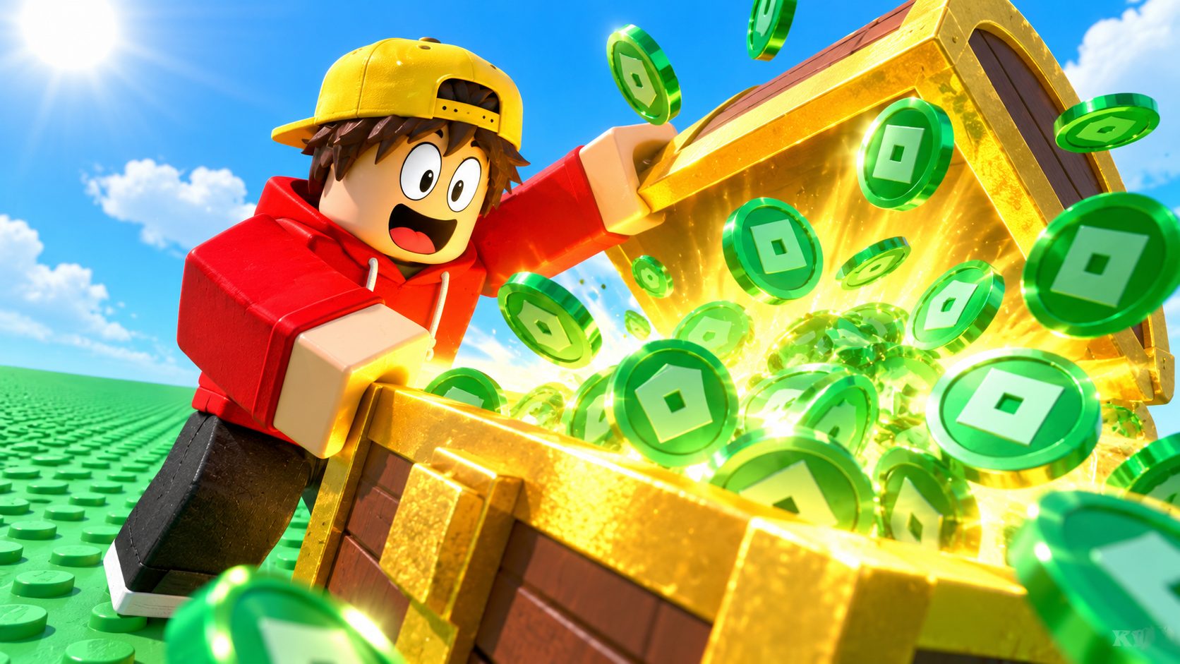 Avatar de Roblox abriendo un cofre gigante del que salen Robux
