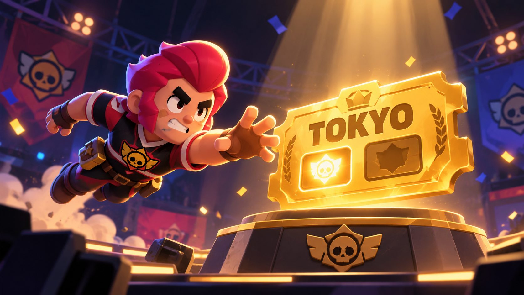 Brawler de Brawl Stars junto a un billete dorado a Tokio en el escenario del LCQ 2026