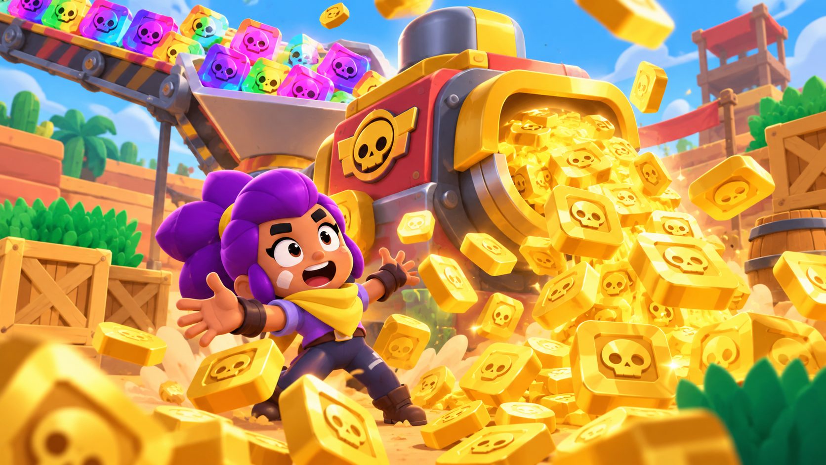 Fichas arcoíris de Chroma Credits convirtiéndose en Créditos dorados en una arena de Brawl Stars