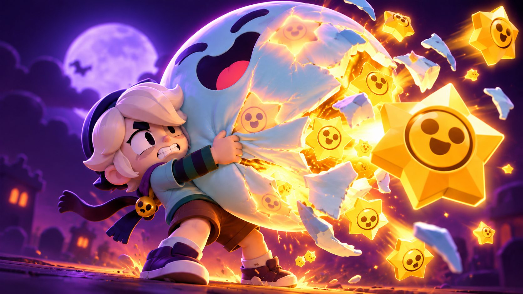 Gus de Brawl Stars sujeta a Loony, su globo lleno de Starr Drops a punto de reventar