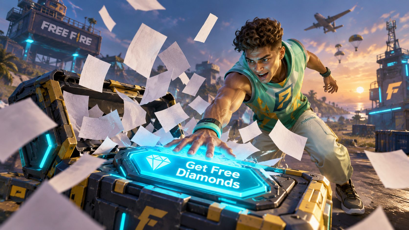 Jugador de Free Fire pulsando un gran botón de diamantes gratis del que salen papeles en lugar de diamantes
