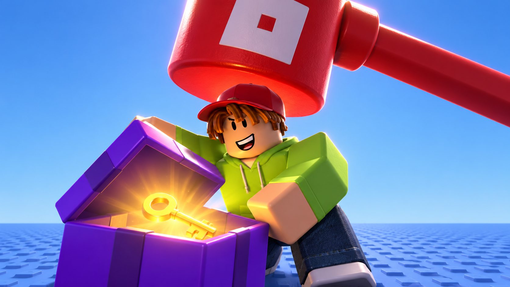 Avatar de Roblox abre una caja regalo con una llave dorada mientras el martillo de baneo cuelga sobre su cabeza