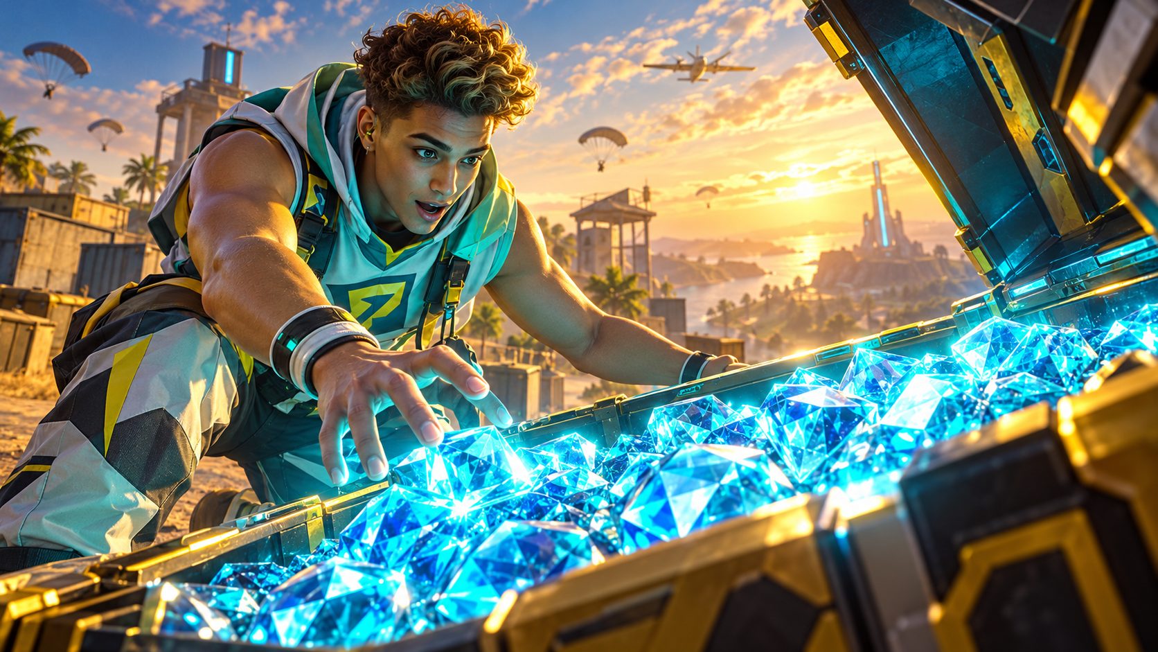 Jugador de Free Fire ante un cofre enorme lleno de diamantes azules